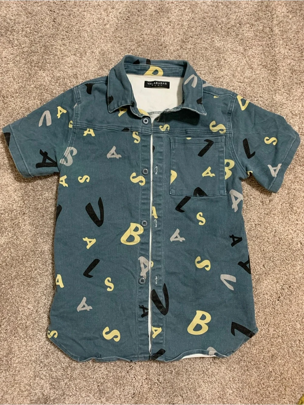 VALABASAS Play “PUZZLED” CAMO WOVEN Jean SHIRT Allover Letters Boy Size 18